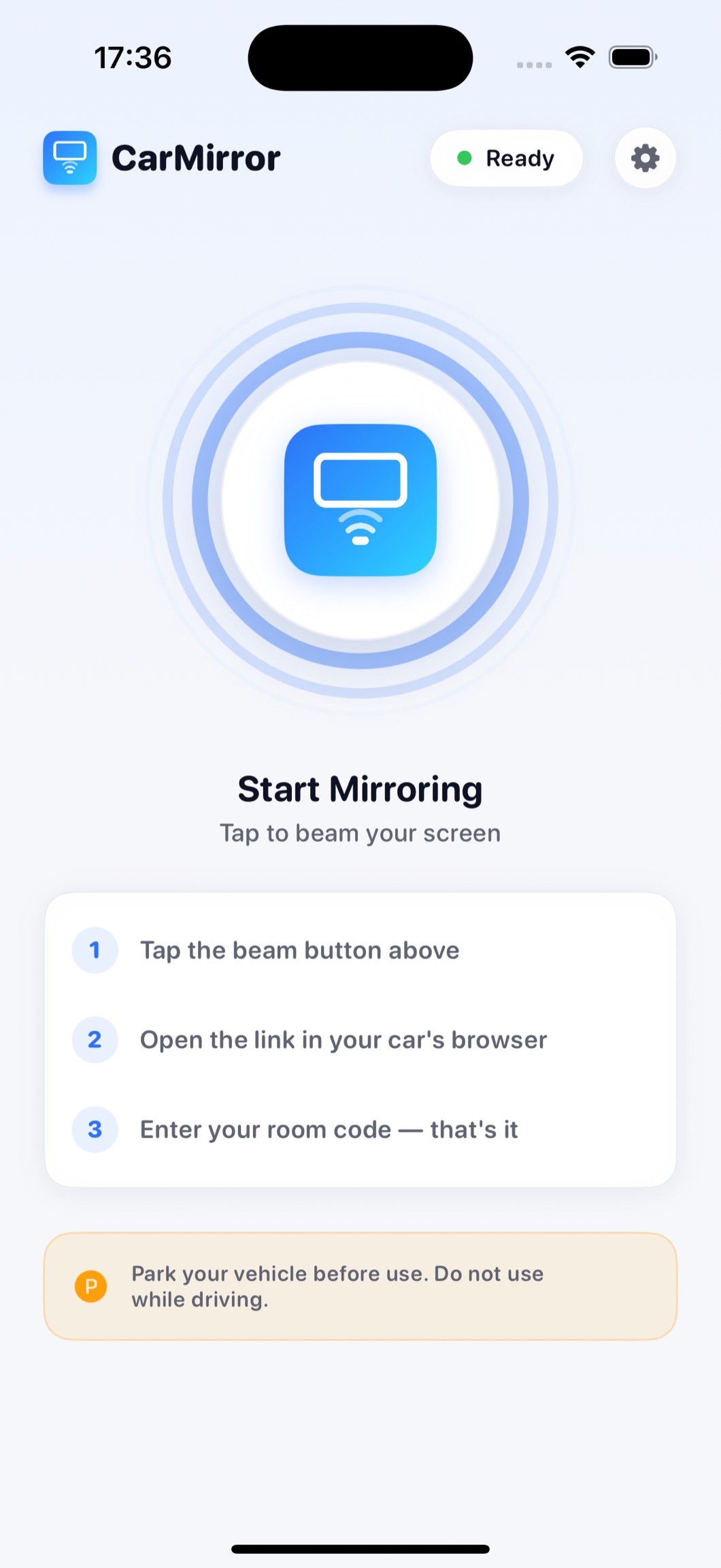 CarMirror home screen with the one-tap start button