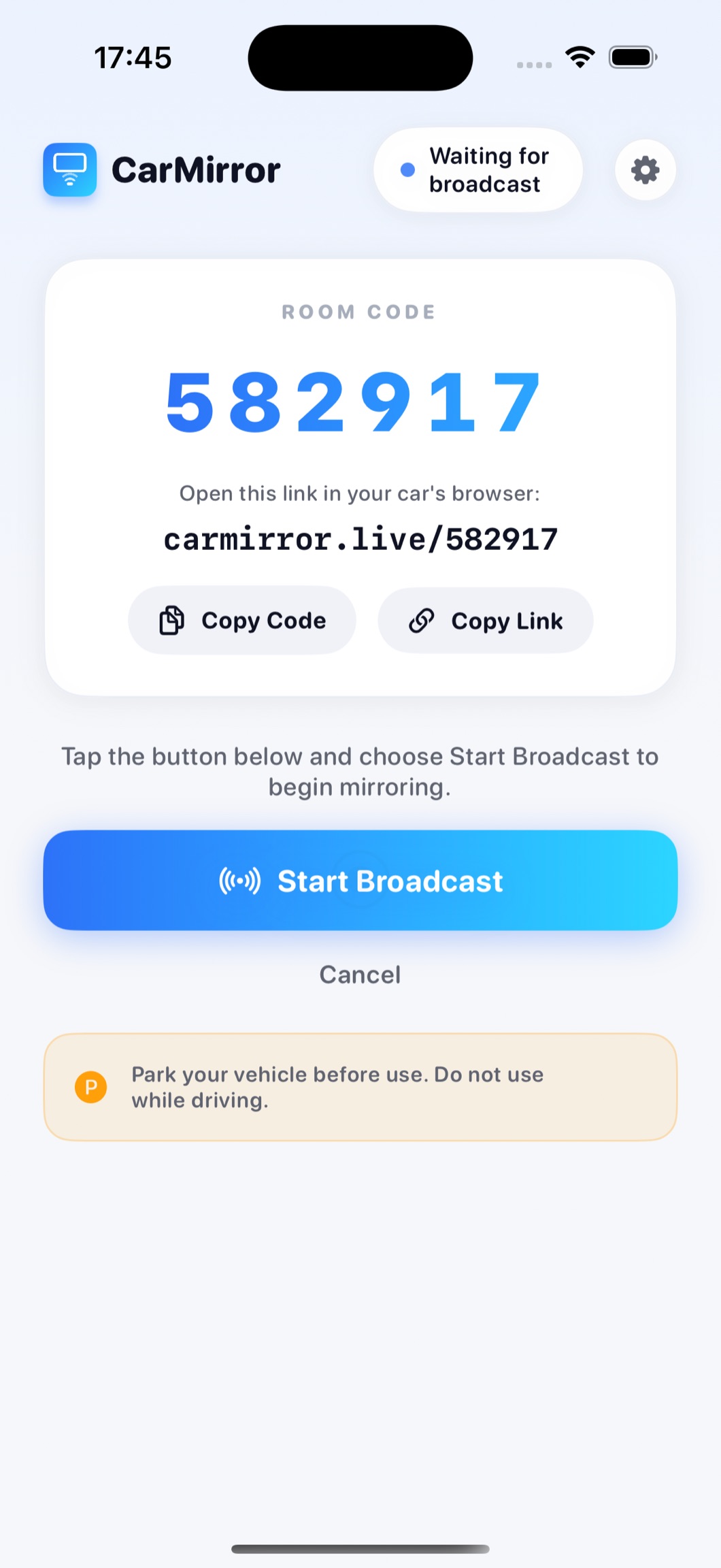 CarMirror showing the 6-digit room code and carmirror.live link